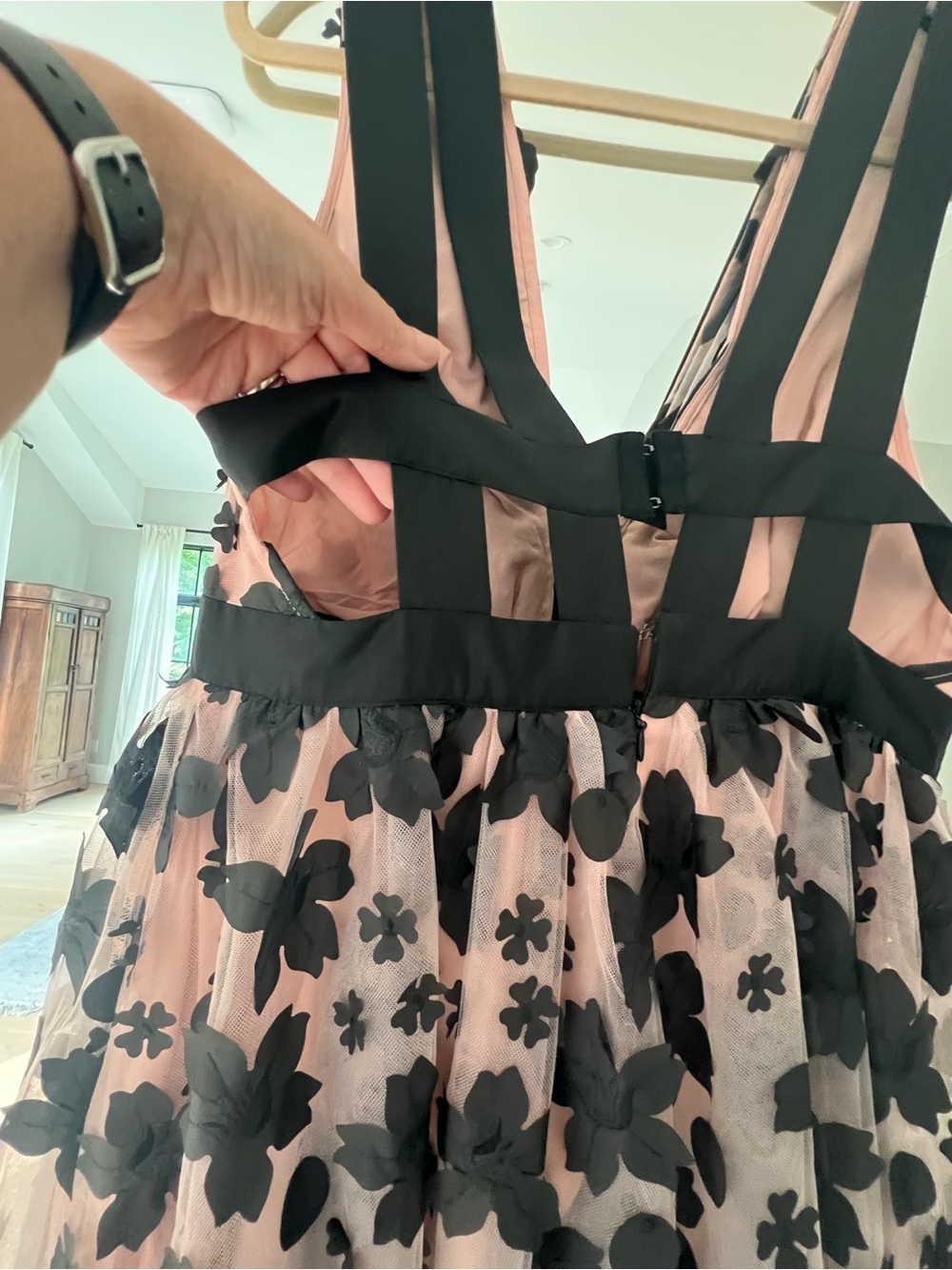 Anthropologie Blush Pink Midi Dress with Black Floral Appliqué - Picture 13 of 15
